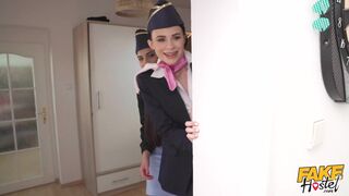 Slutty air hostesses fucking the first available shaft after landing - Moona Snake, Rebecca Volpetti & Jenny Doll