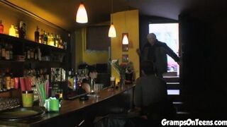 Teen barmaid screws oldie in reverse
