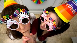 Bday blowjob party with wet COUGAR stepmum & naughty teen stepsis