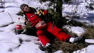 Outdoor winter fun spilling loads of  cum on the snow