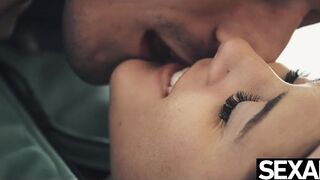 Adorable lovers warm up on a snowy day with passionate fucking