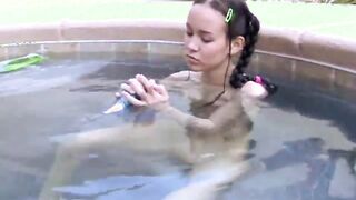Tiny Tabby Fingering twat at pool