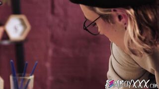 Bombshell tranny art prof Axelle Rose gets her face painted with white cum